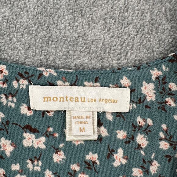 Monteau Floral V-Neck Blouse Women's Medium Blue Short Sleeve Bow Ruched - Picture 2 of 8